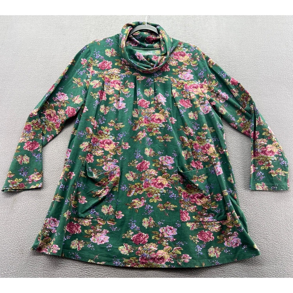 April Cornell Shirt Womens XL Green Floral Rose Cowl Neck Tunic Top Long Sleeve